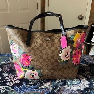 Coach Brown Tote with Pink Floral Design